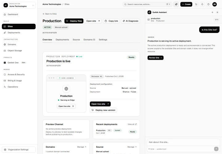 Actual Qwibik Cloud console with sample Organization resources